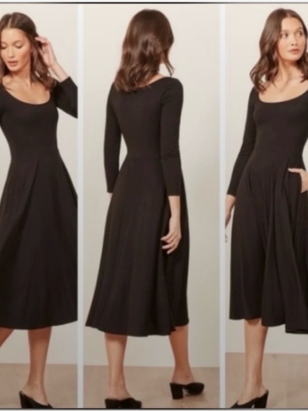 Reformation Women's Black Scoop Neck Long Sleeve Midi Dress